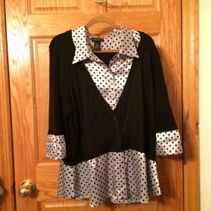 Collared silver-white top w/ black polka-dots